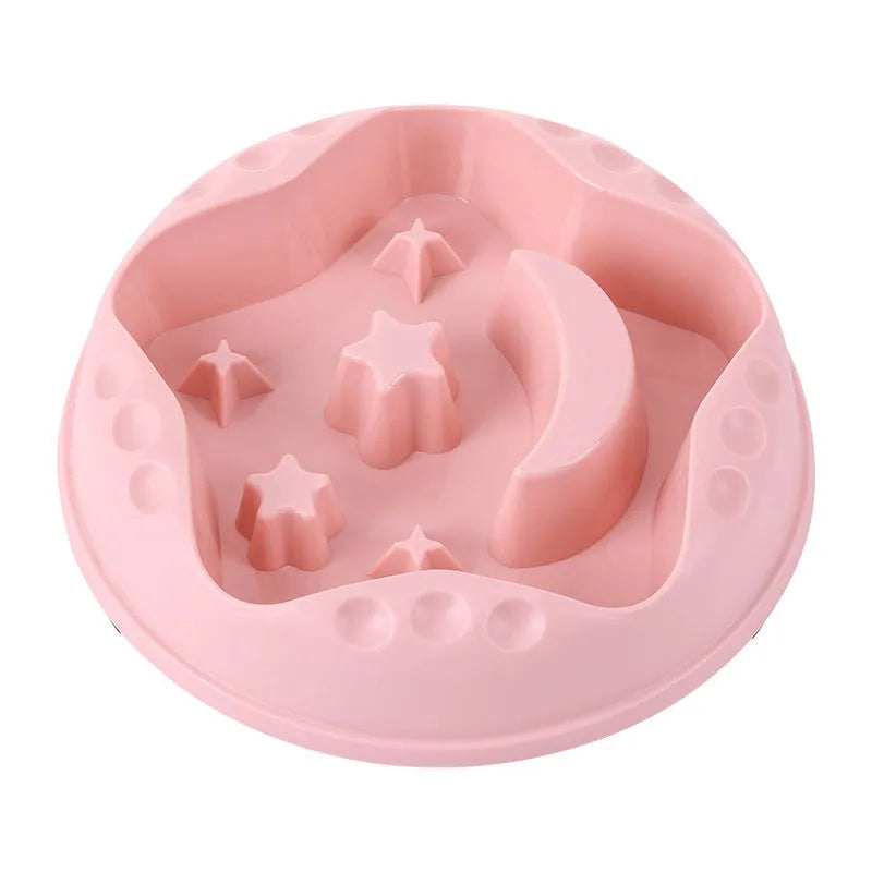 Large pet slow feeder bowl with moon and star obstacles inside, shown in blue colour.