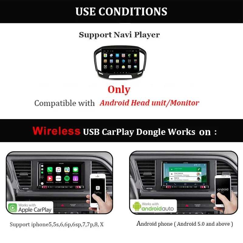 Black wireless CarPlay USB dongle for Android car stereos with Bluetooth connection