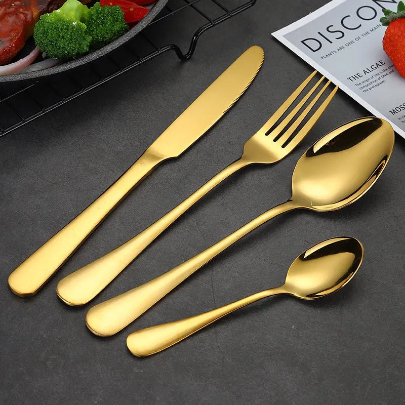 24-piece stainless steel cutlery set for six place settings showing knife, fork, and spoon options in different colour finishes.