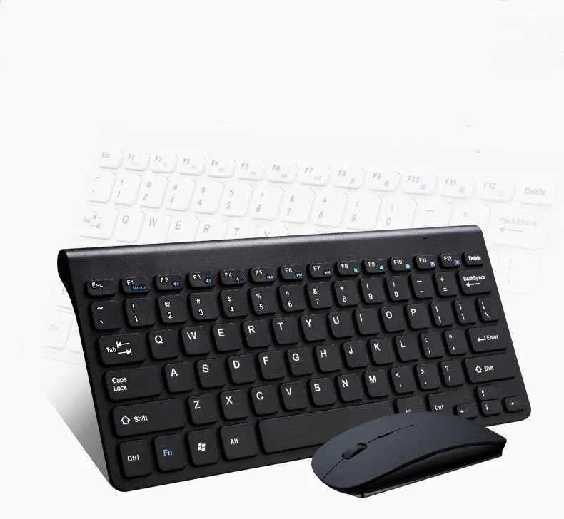 Black wireless keyboard and mouse set with 4G USB receiver on wooden desk