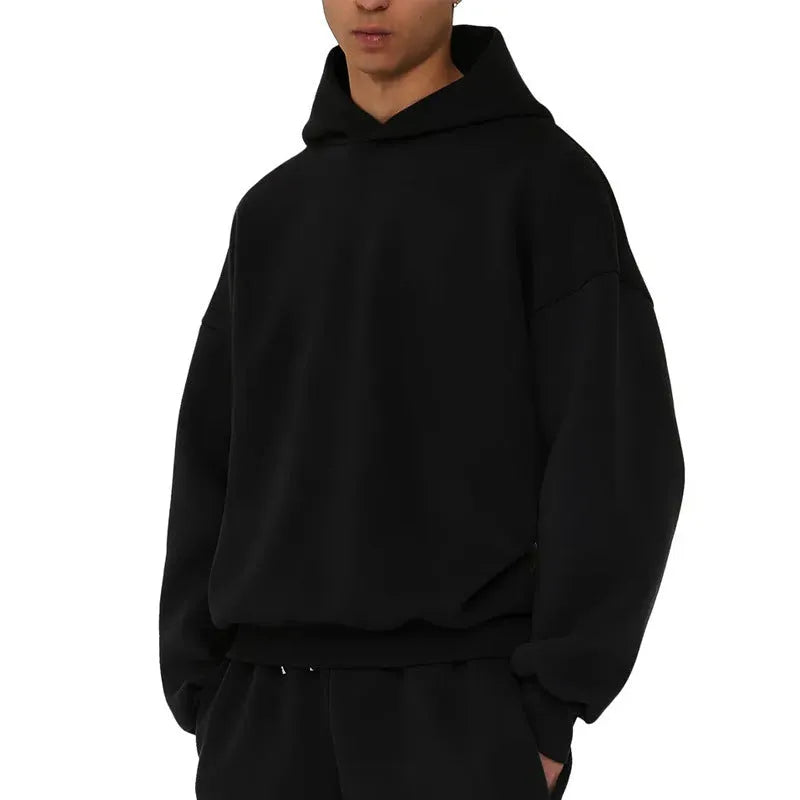 Men's grey fleece-lined cotton hoodie sweater with wool lining, showing pullover design with hood
