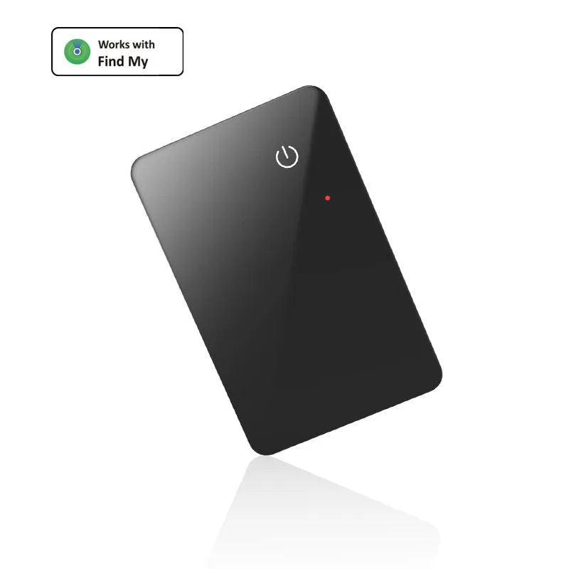 Black NFC pet tracking card with wireless charging, measuring 85mm by 54mm with hanging hole