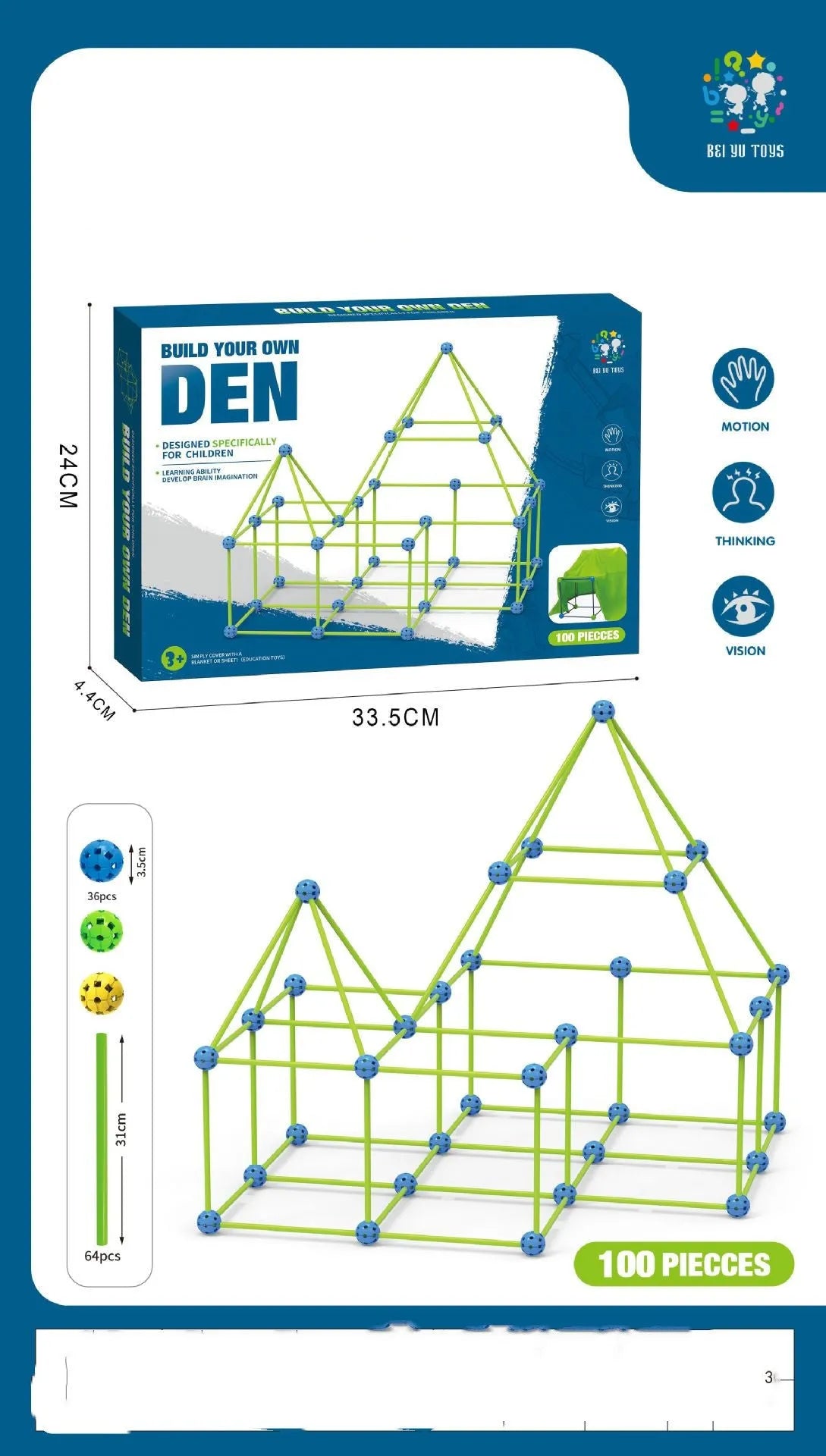 Luminous plastic fort building kit for kids with glowing sticks, balls, and fabric tent