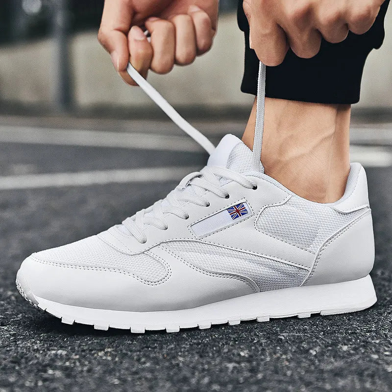 Men's lightweight breathable running shoes with nylon leather upper, white and black, low-top design