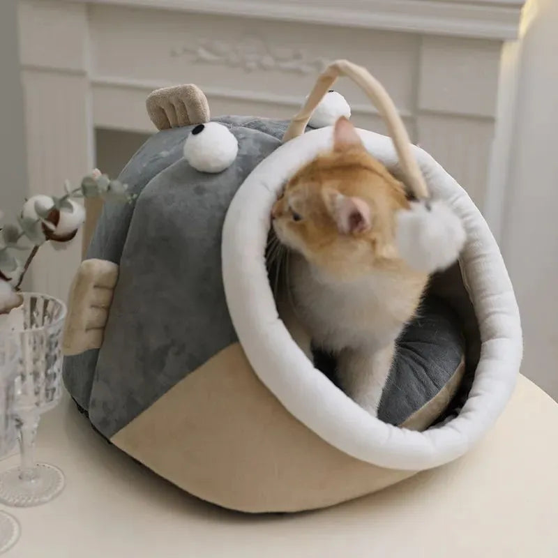 Grey semi-closed deerskin velvet cat bed with lantern fish design, shown in medium size.