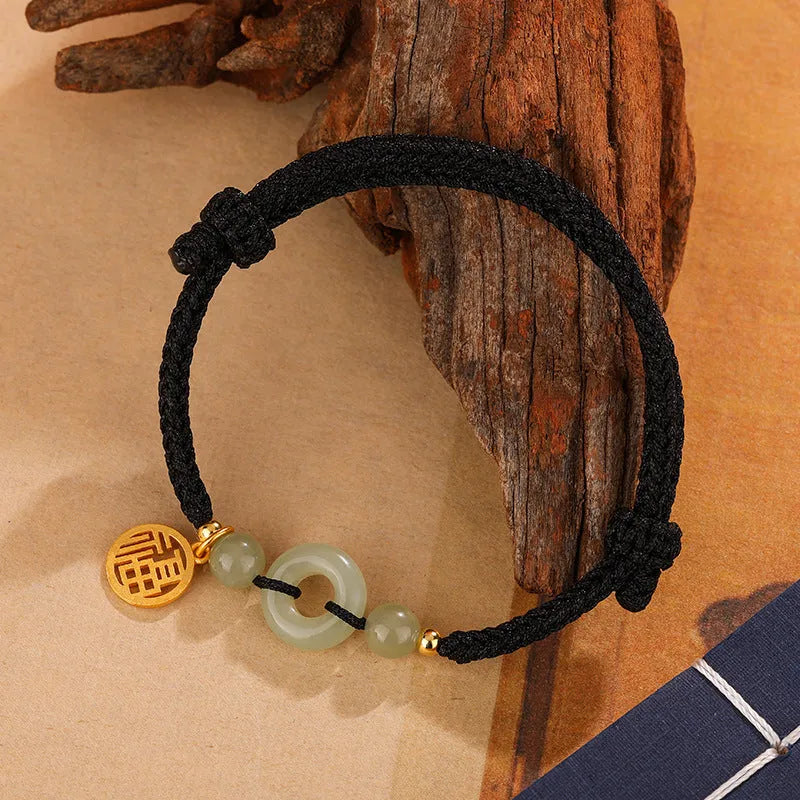 Silver geometric peace buckle Hetian jade bracelet with adjustable strap in black or wine red