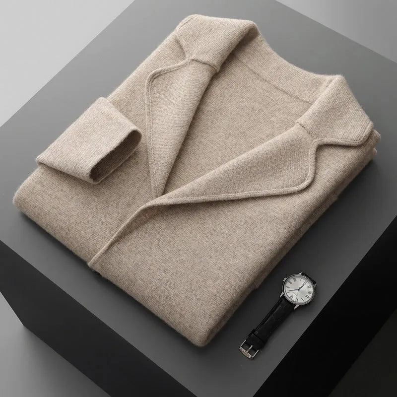 Men's loose fit cashmere cardigan jacket in light grey on a hanger
