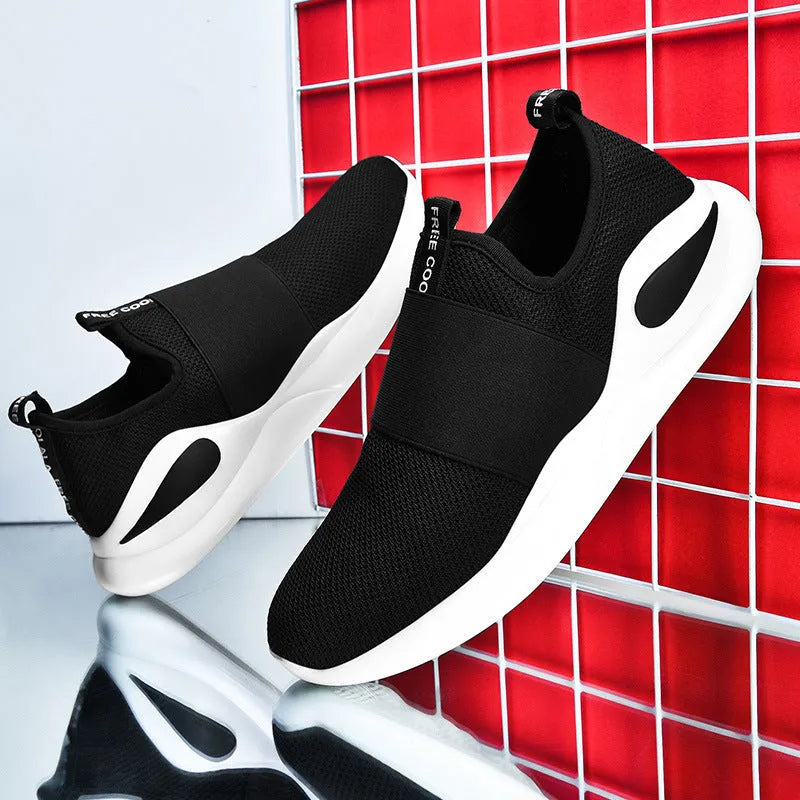 Men's sports casual shoes mesh upper round toe rubber sole flat heel available in black red blue solid colours