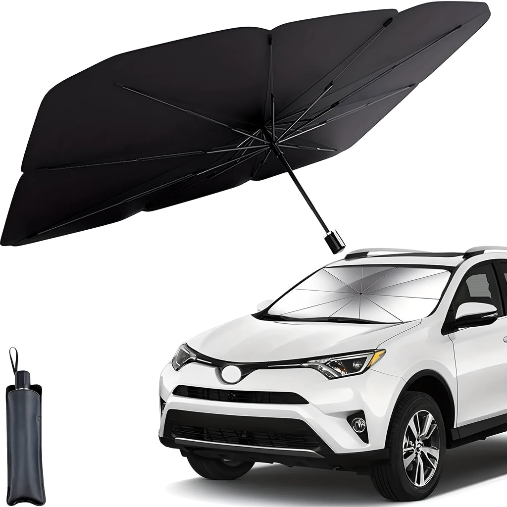 Foldable car windshield sunshade umbrella shown open against vehicle glass