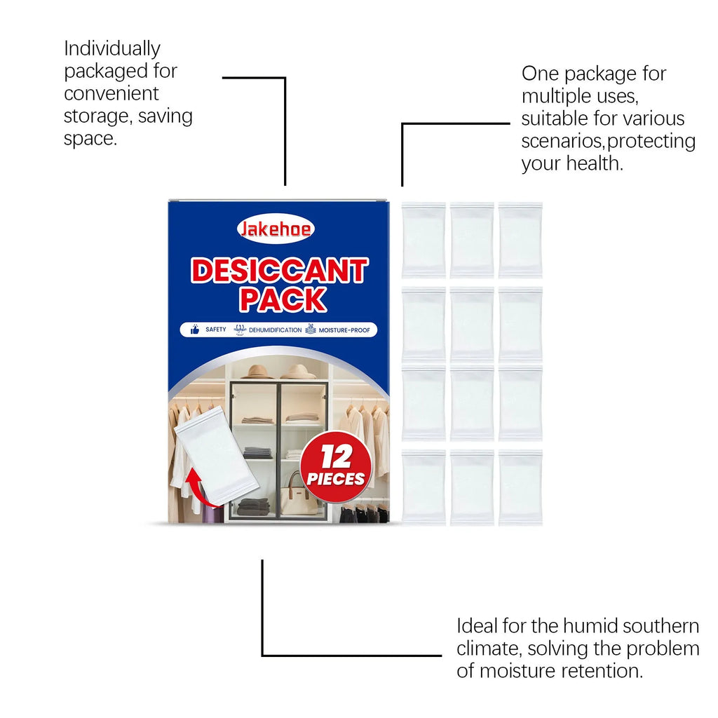 12 white anti-odor space desiccant packets with wood pulp casing for household moisture absorption.