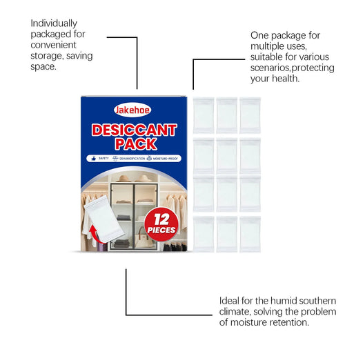 12 white anti-odor space desiccant packets with wood pulp casing for household moisture absorption.