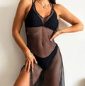 Black mesh see-through halter bikini set for women with briefs bottom
