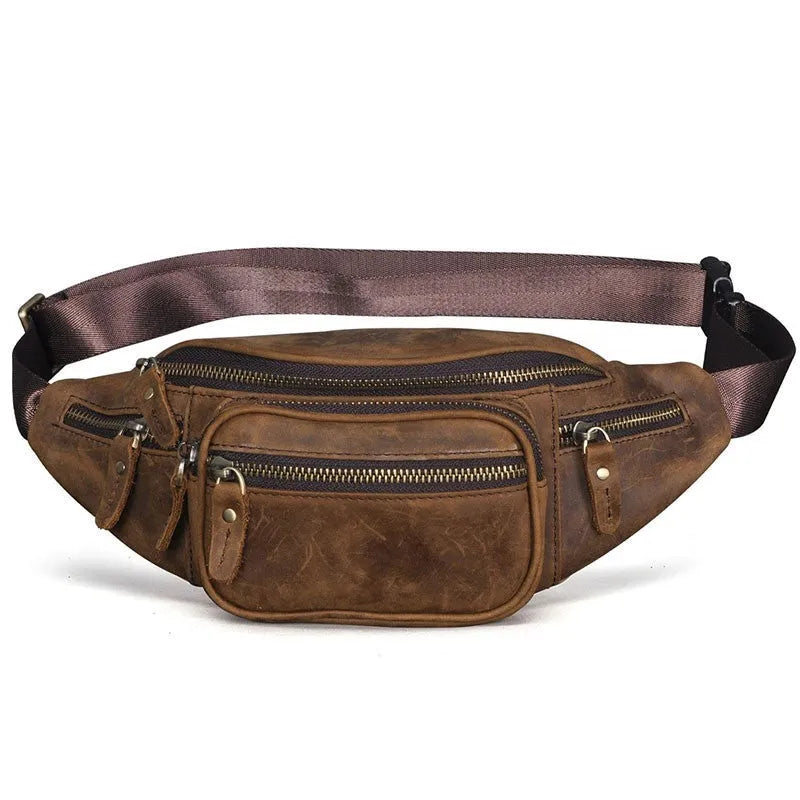 Brown leather messenger bag with single shoulder strap showing front pocket and dimensions
