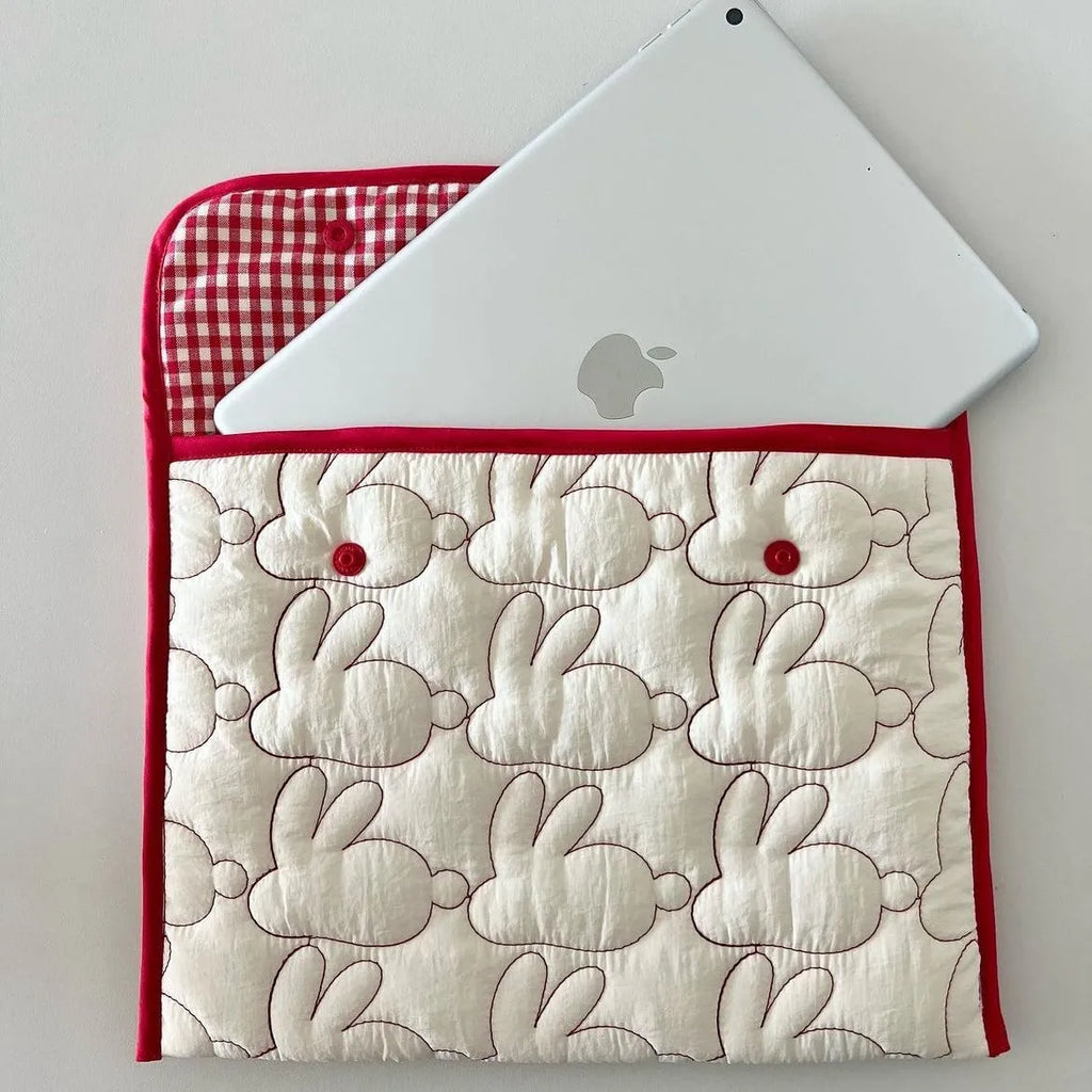Embroidered rabbit pattern tablet storage bag in red rabbit colour, nylon material, 11 inch size