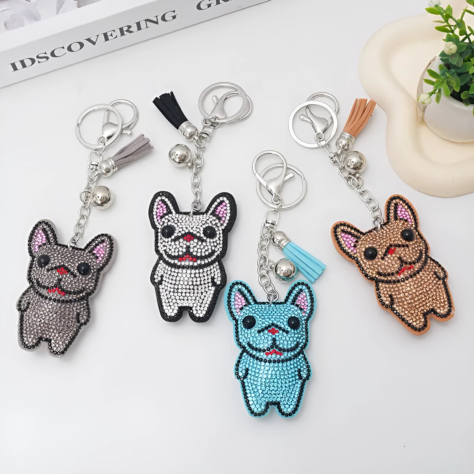 French dog cartoon animal rhinestone keychain with alloy construction measuring 5-7cm