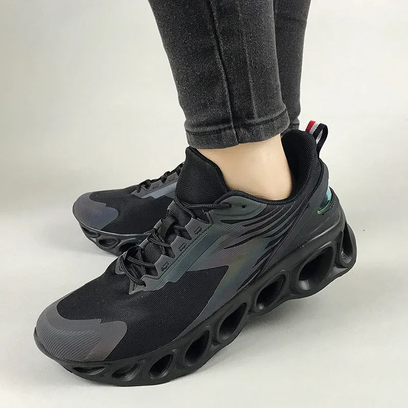 Men's casual mesh sports shoes in black, white, and dark blue colours with front lace-up closure