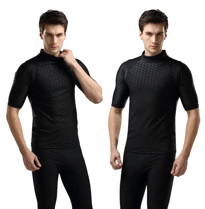 Men's black leopard print quick-dry swimsuit set with short-sleeved top and split shorts on beach
