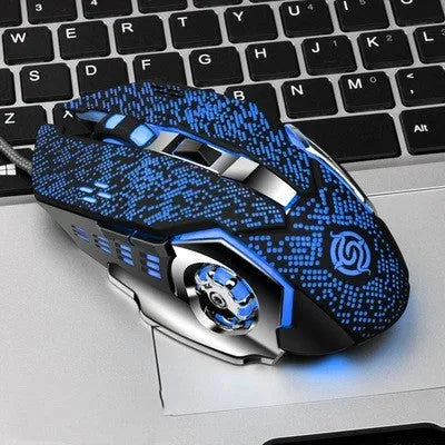 Metal backboard wired USB mouse in matte black with scroll wheel and left/right buttons