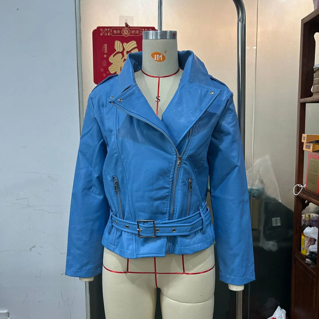 Punk style short belt lapel locomotive jacket in polyester leather, available in black, blue, and green.