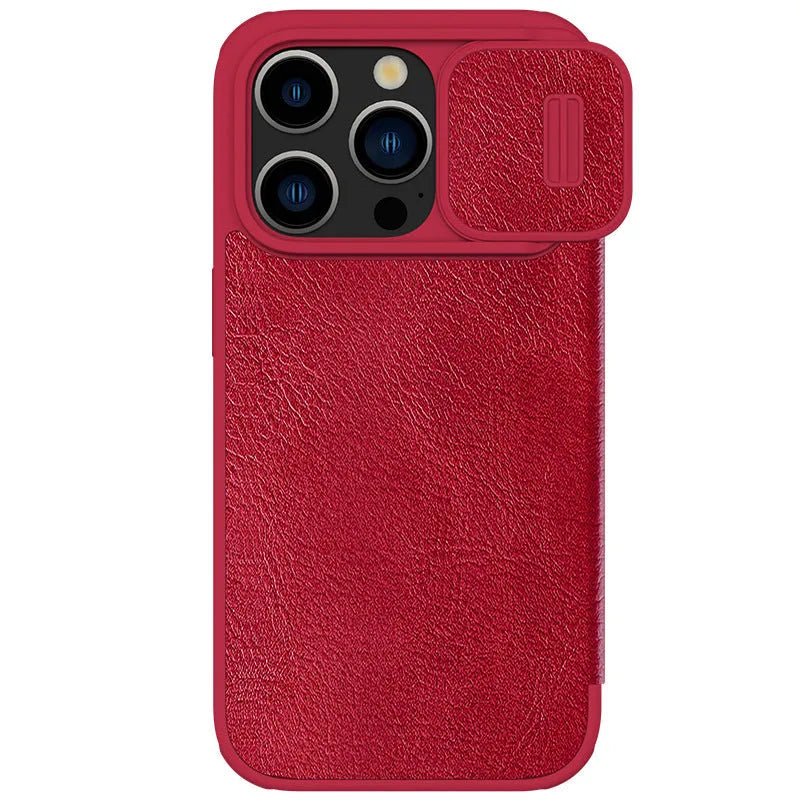 iPhone 15 Pro Max imitation leather flip wallet case in black showing front cover closed.