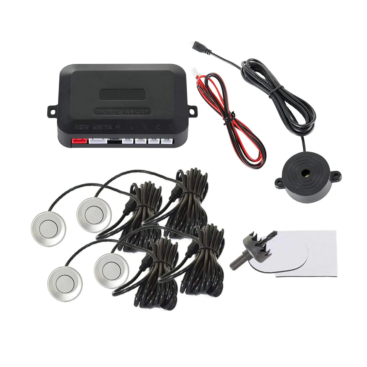 Four-probe pure buzzer reversing radar with ultrasonic sensors in different colours on a car bumper.