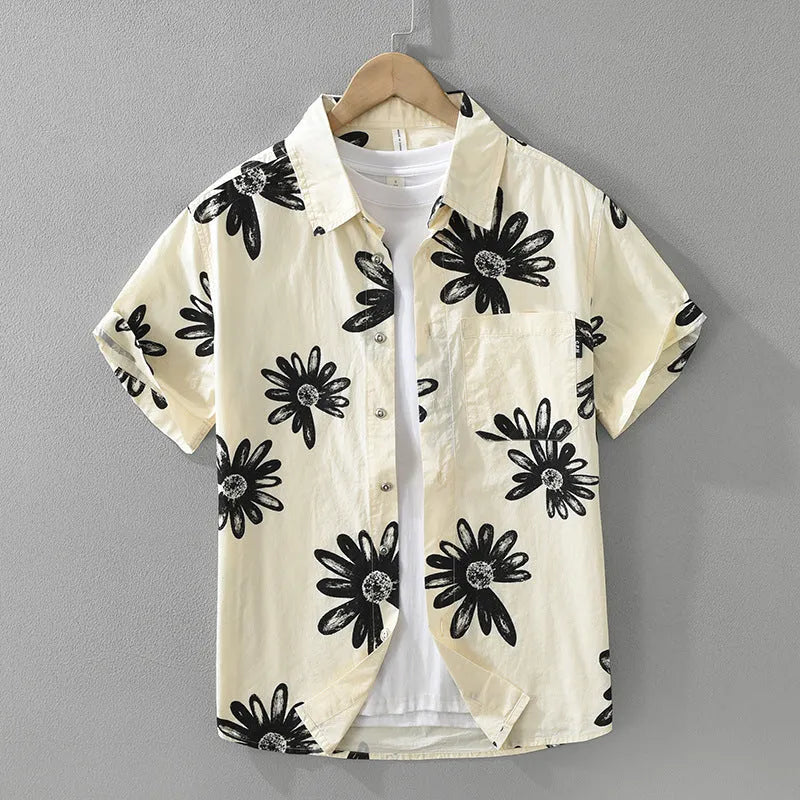 Japanese printed short sleeve shirt in loose cardigan style, cotton blend fabric, white and apricot colours