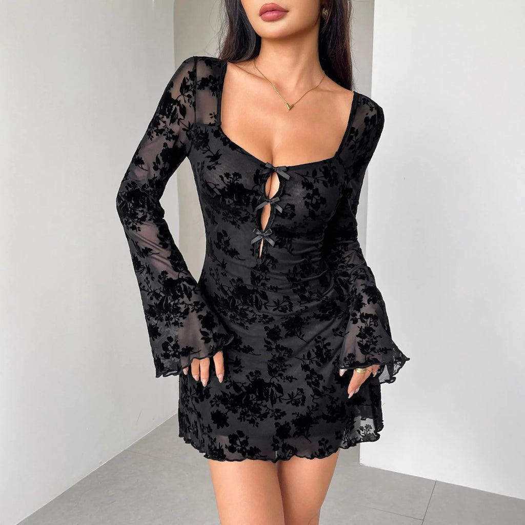 Women's flocking long sleeve floral hollow bow dress in black, square collar, bell sleeves, high-waist short hip skirt