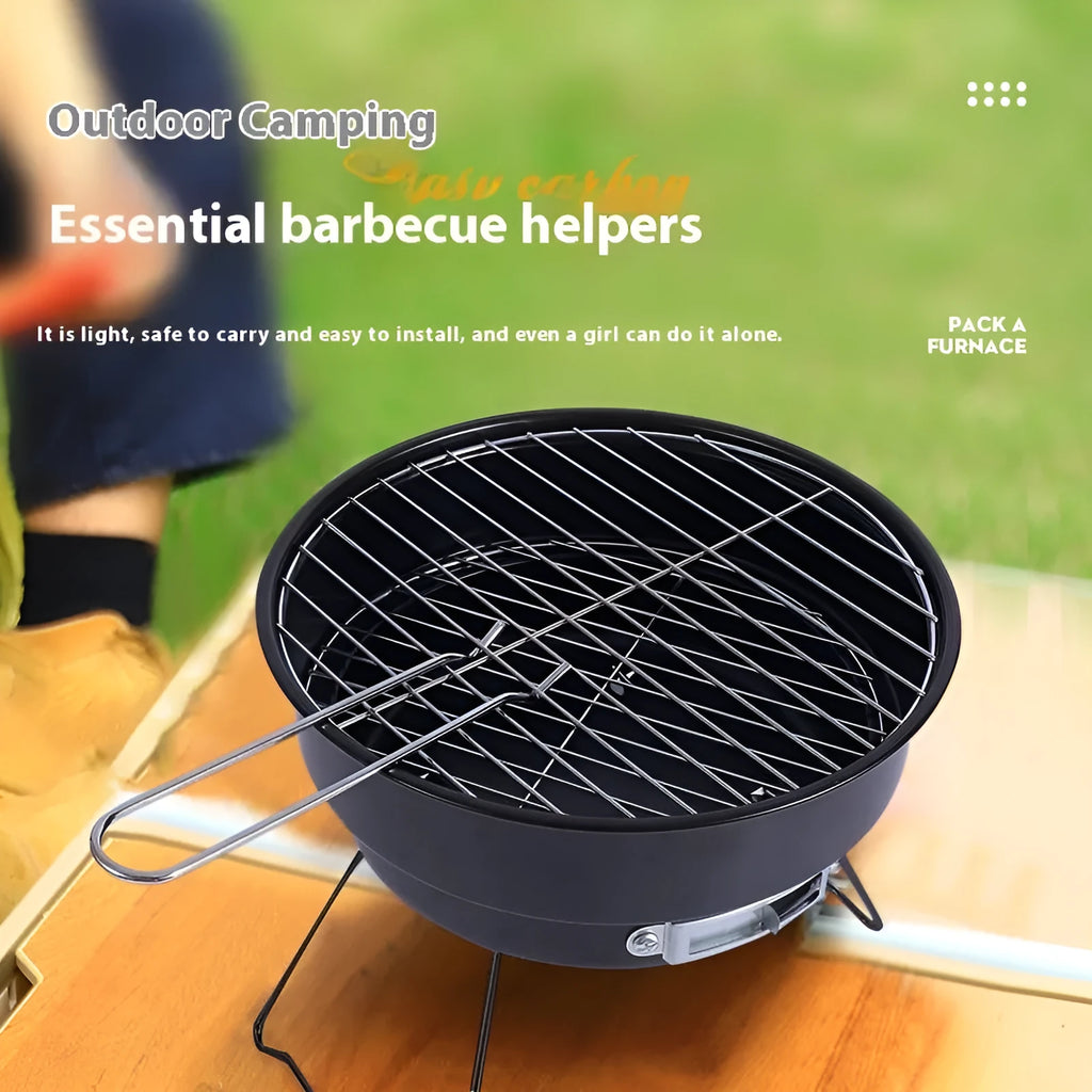 Small round folding outdoor ice stove with barbecue grill and mesh for 1-2 people.
