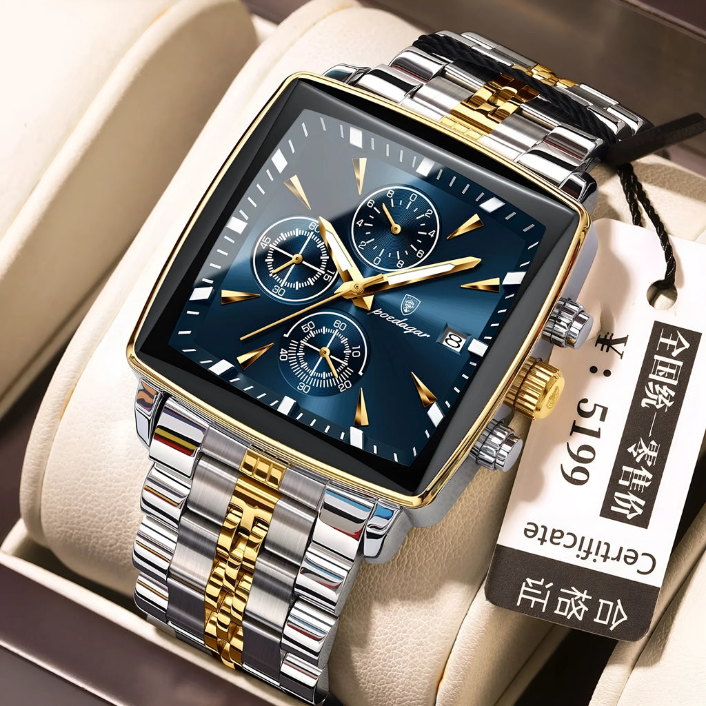 Men's square business quartz watch with stainless steel strap and mineral glass, shown in gold case with blue dial