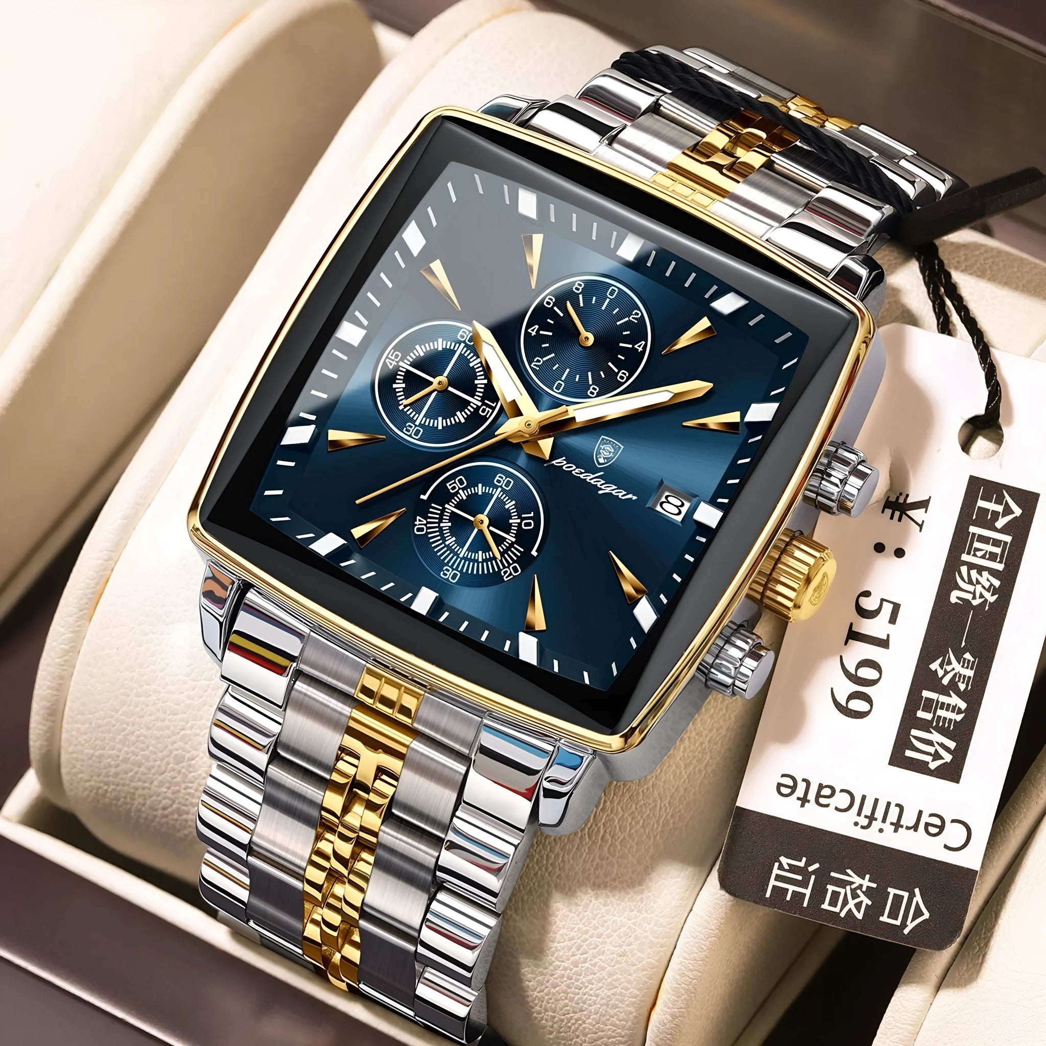 Men's square business quartz watch with stainless steel strap and mineral glass, shown in gold case with blue dial