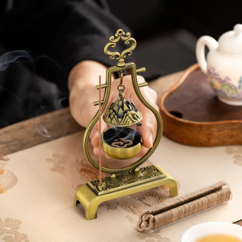 Bronze alloy hanging aromatherapy furnace with Magpie branch-Lotus motif for tea ceremony decor