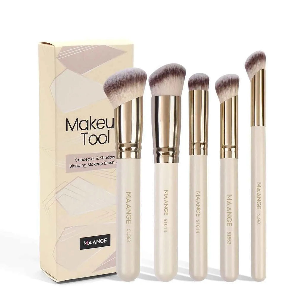 5-piece apricot coloured makeup brush set with angled blusher brush for powder and cream application