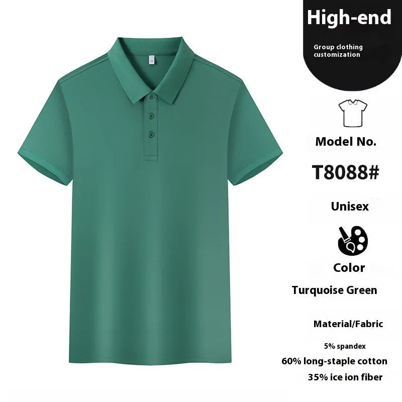 Men's white short sleeve polo t-shirt with a lapel collar, laid flat.