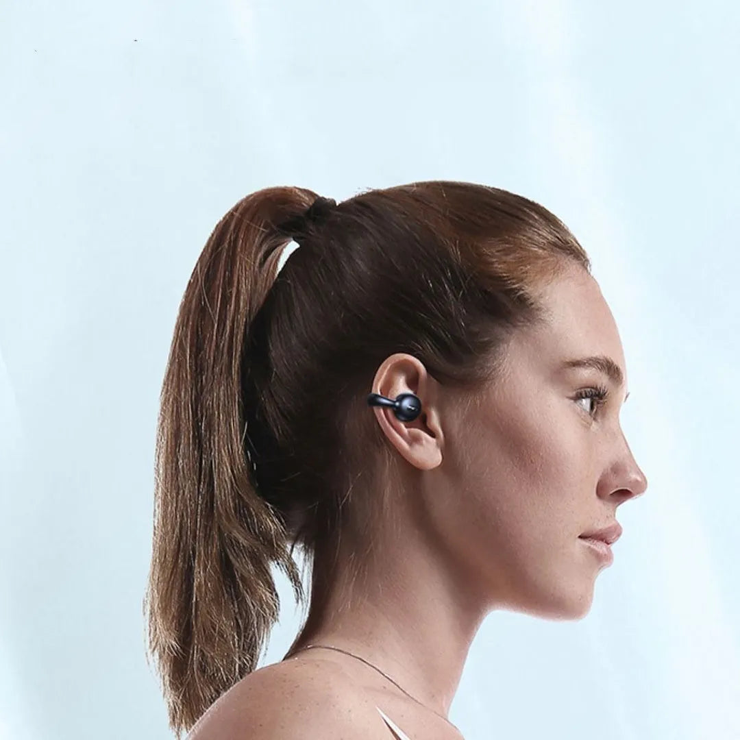 I20 wireless bone conduction sports Bluetooth headset in black with ear clip design and ABS build