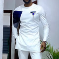 Men's slim fit white cotton long sleeved shirt with printed pattern, front view.