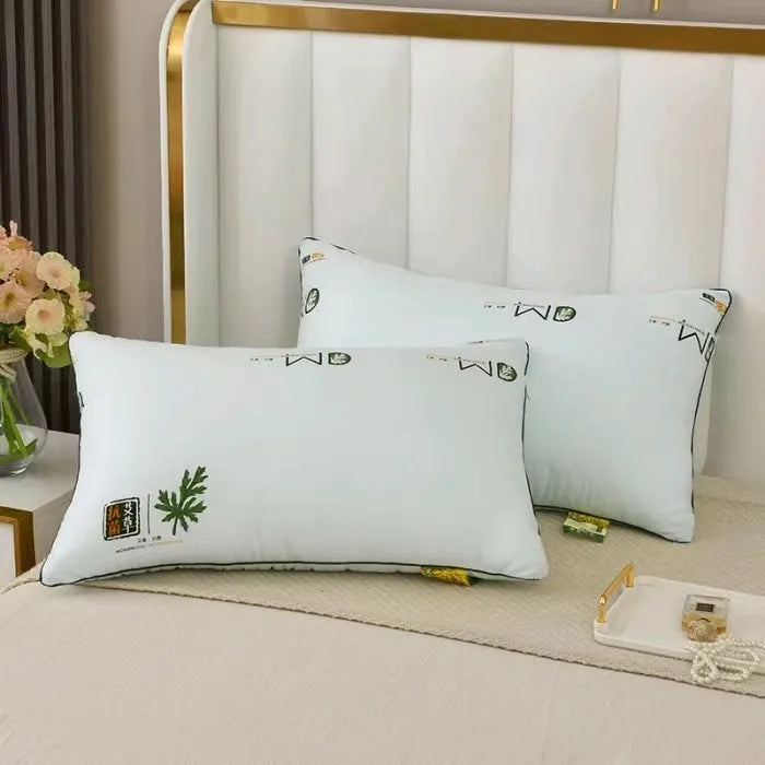 Polyester fibre fill bed pillow in light blue, showing standard 48x74cm size and loft.