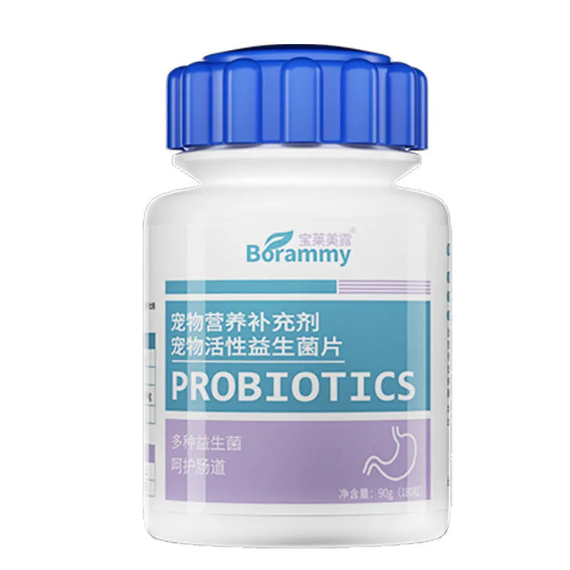 Bottle of Pet Active Probiotic Tablets containing 180 tablets for cat and dog digestive support.
