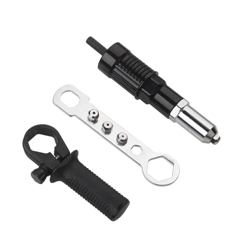 Black metal electric drill rivet gun tool with three-jaw chuck measuring 173mm long