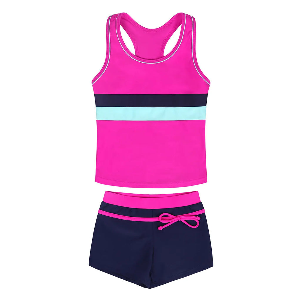 Girls two-piece split boxer swimsuit with chest pad in blue, hot pink, watermelon red, sizes M to 4XL