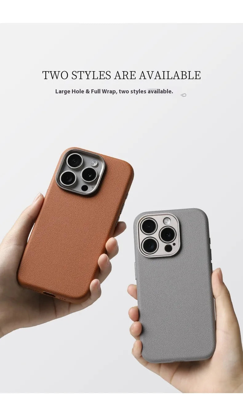 Black MagSafe magnetic leather protective phone case with alloy lens cover for iPhone