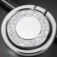 Bling glitter metal phone ring holder showing rotation and flip functions on mobile phone