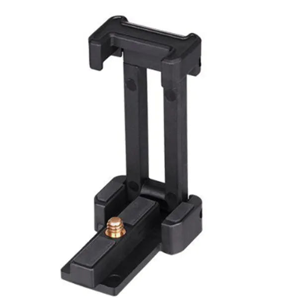 Black plastic and aluminium desktop tripod holding a mobile phone for video calls.