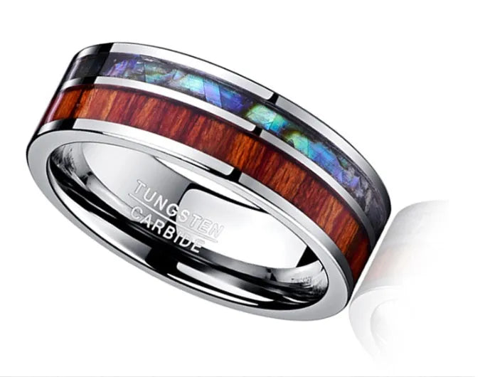 8mm wide tungsten carbide men's wedding ring with polished wood grain finish in silver tone