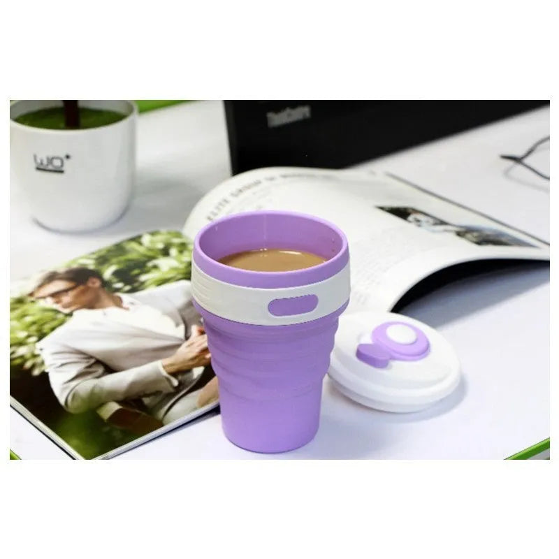 Green collapsible silicone travel mug shown expanded and folded to 6cm height
