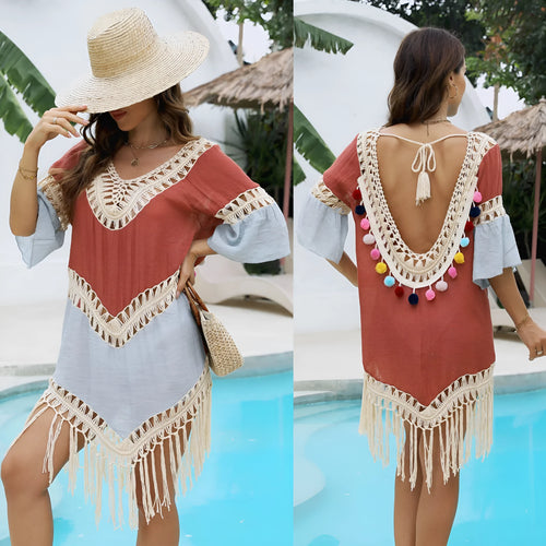 Orange floral pattern beach overskirt with hand crochet stitching and bamboo cotton tassel details