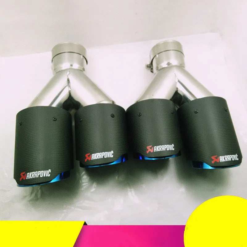 Universal carbon fiber double outlet blue mouth modified exhaust tail throat in black with 180mm diameter