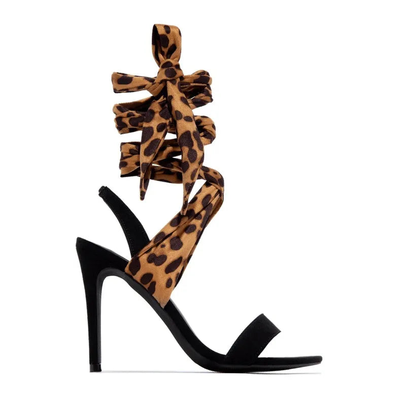 Light brown leopard print women's high heels with Roman cross straps and super high thin heels