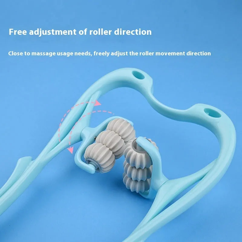 Blue plastic six-wheel neck and shoulder massager with adjustable arms on a white background.
