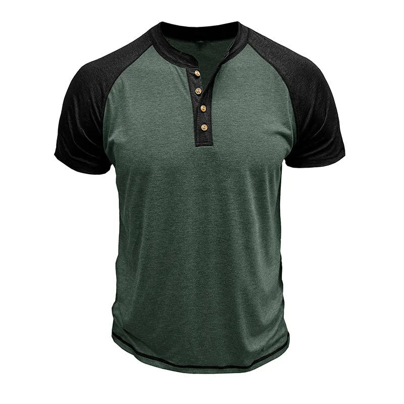 Men's short sleeve colour block pullover top with raglan sleeves on a mannequin.