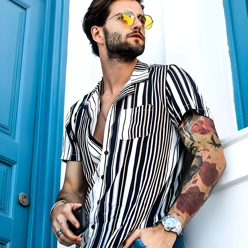 Men's summer holiday Hawaiian shirt black cotton blend short sleeve relaxed fit front view
